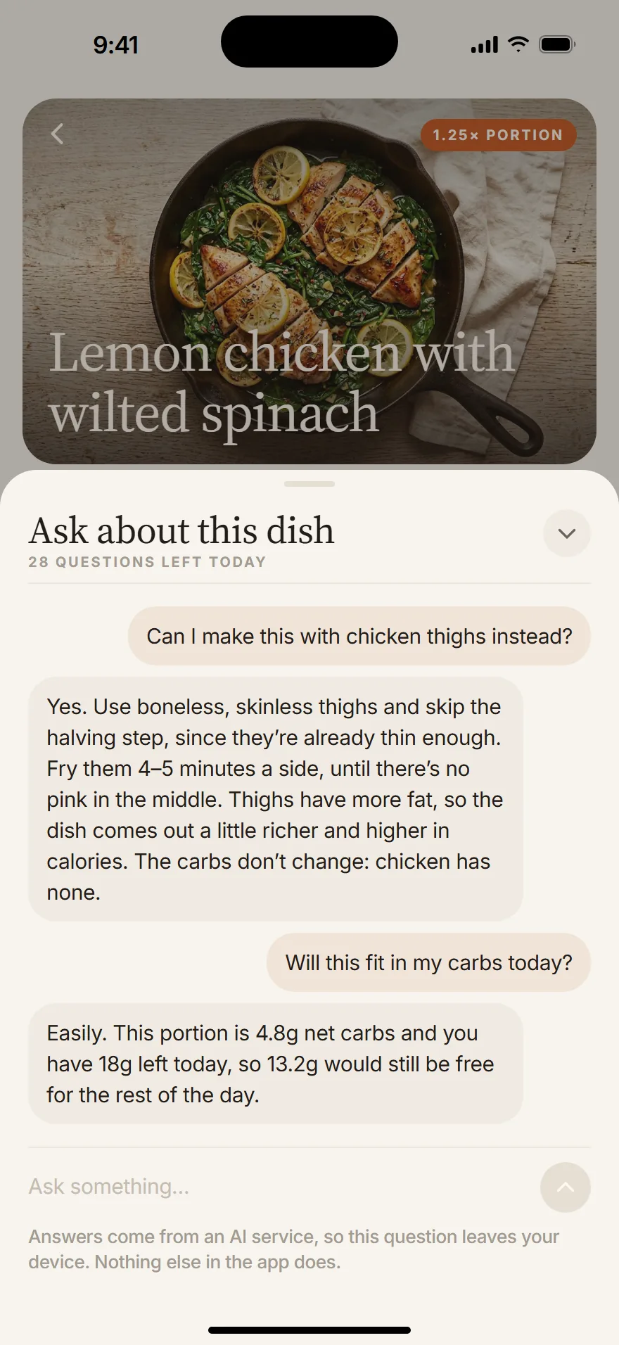 The recipe assistant answering whether chicken thighs can replace breast, and how the dish fits the carbs left today.