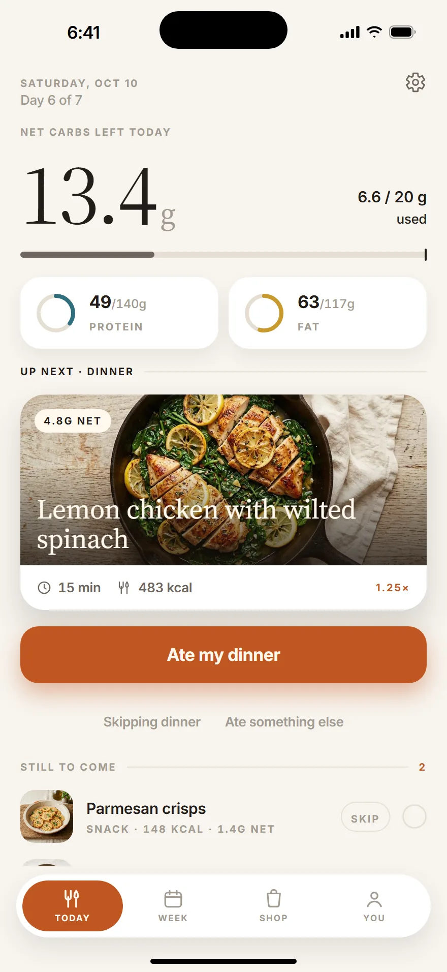 The Today screen: 13.4g of net carbs left out of 20, protein and fat rings, and lemon chicken with wilted spinach up next for dinner.